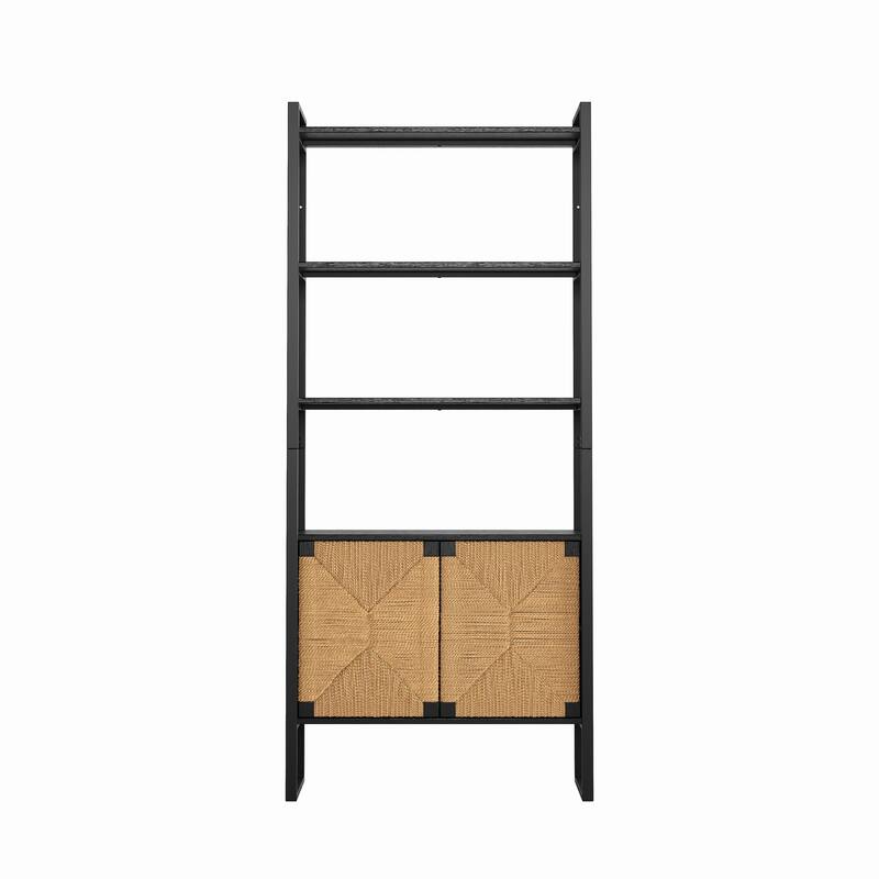 Rattan Cabinet Door Storage Bookshelf, Dual-Function Open Display Shelf with Closed Cabinet for Living Room,Entryway,Bedroom