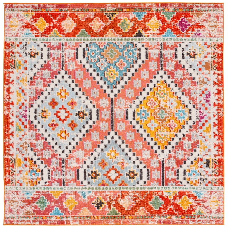 SAFAVIEH, Madison Hortensia Boho Diamond Distressed Rug - 6'7" Square - Rust/Pink