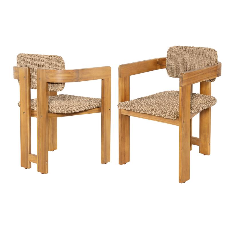 Christopher Knight Home - Outdoor Acacia Wood Dining Chairs with Handwoven Rattan Seat & Back - Set of 2