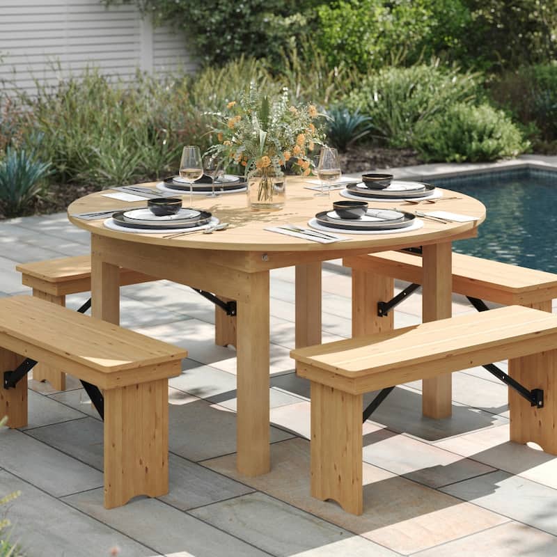 60" Round Antique Rustic Solid Pine Folding Farm Dining Table - 59.75"W x 59.75"D x 30"H