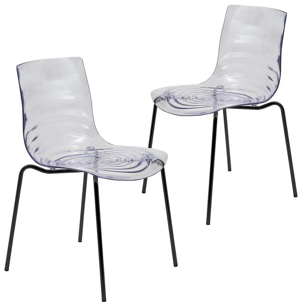 Astor Modern Minimalist Transparent Dining Chair with Ripple Design and Black Metal Legs Kitchen Room Side Chair (Set of 2)