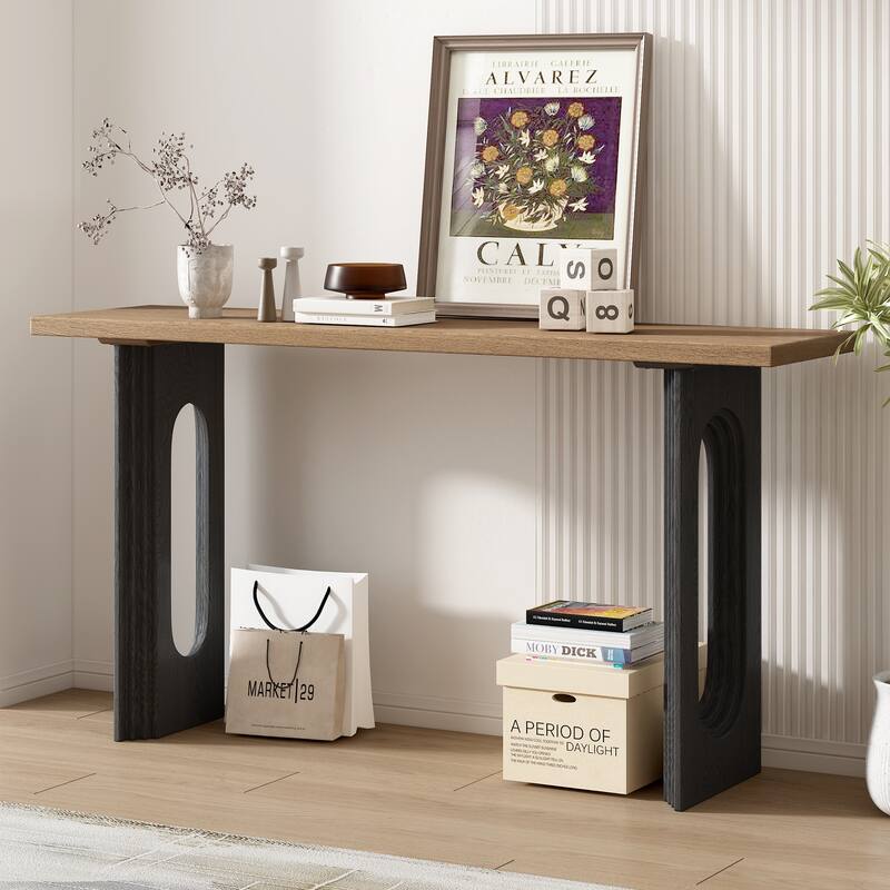 Uniquely Designed Console Table made of Fraxinus Mandschuric Solid Wood Veneer,with Distinctive Round Hollow Legs - Natural