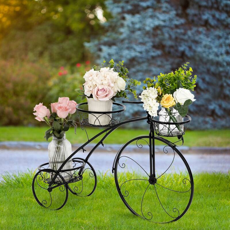 Bicycle Plant Stand Flower Pot Cart Holder For Home Garden Patio - Black