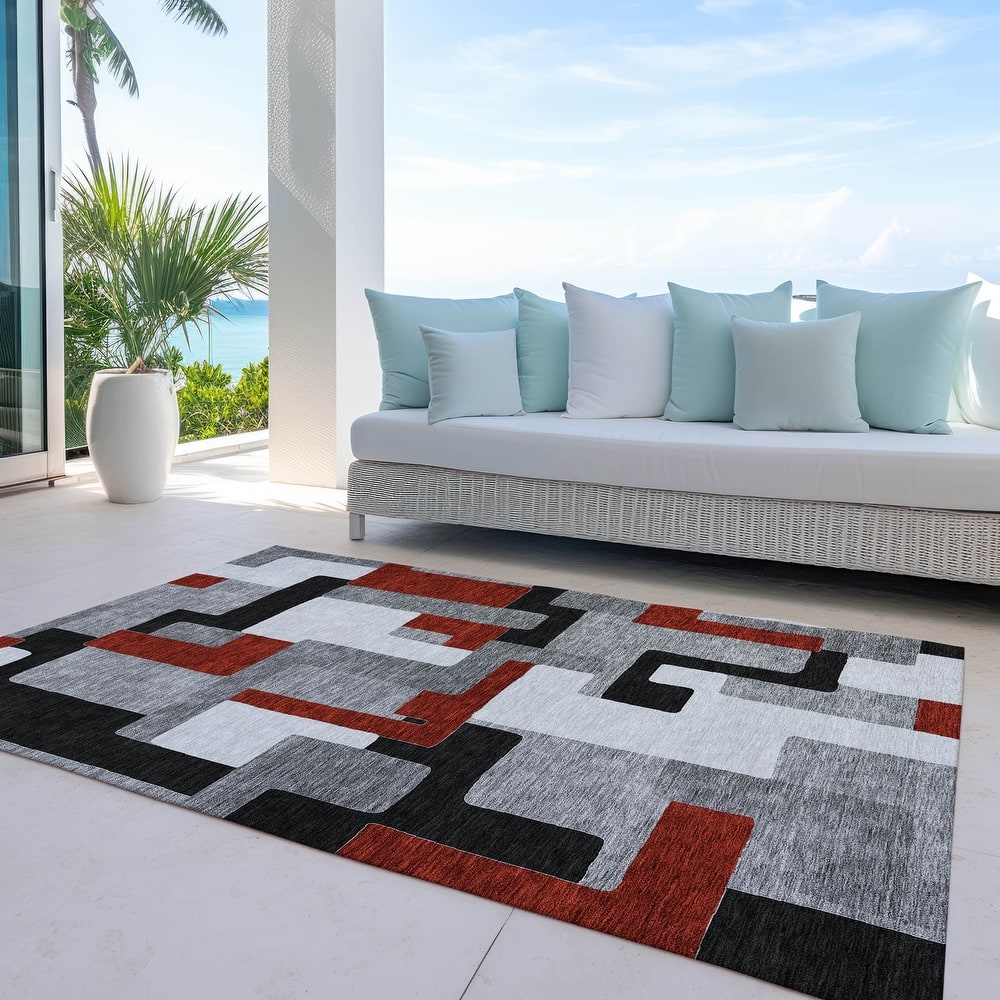 Machine Washable Indoor/ Outdoor Contempoary Blocks Chantille Rug