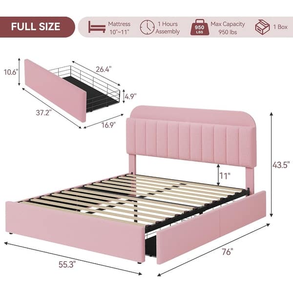 dimension image slide 0 of 9, Bed Frame for Kids, Upholstered Platform Bed for Boys with 2 Flexible Drawers