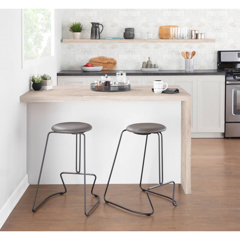 Finn Contemporary Counter Stool in Black Steel and Grey Faux Leather - Set of 2 - 19.5"Lx18"Wx25.75"H