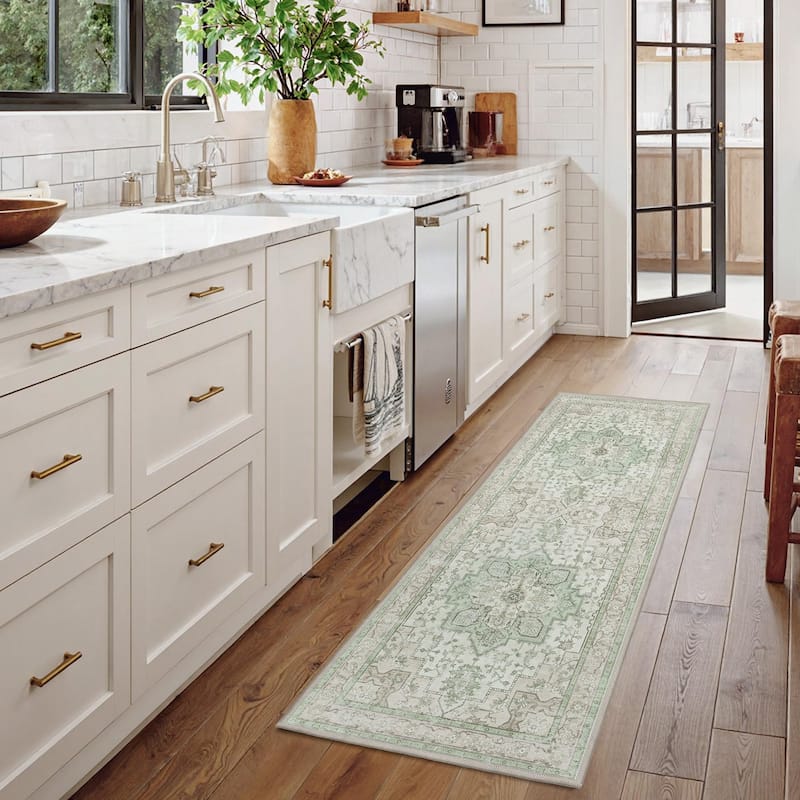 Mcow Green Floral Faded Low Pile Machine Washable Non-Slip Area Rug - 2'X6'