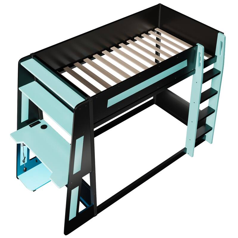 GDFStudio - Twin Size Wooden Gaming Bunk Bed with Desk, Storage, LED & USB