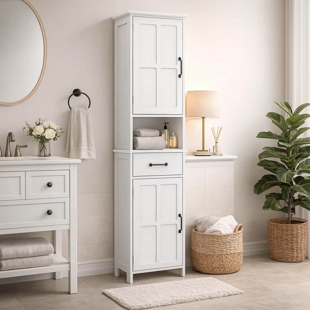 65 Inch Tall Standing Cabinet with 1 Open Shelf, Black Metal Handles, White