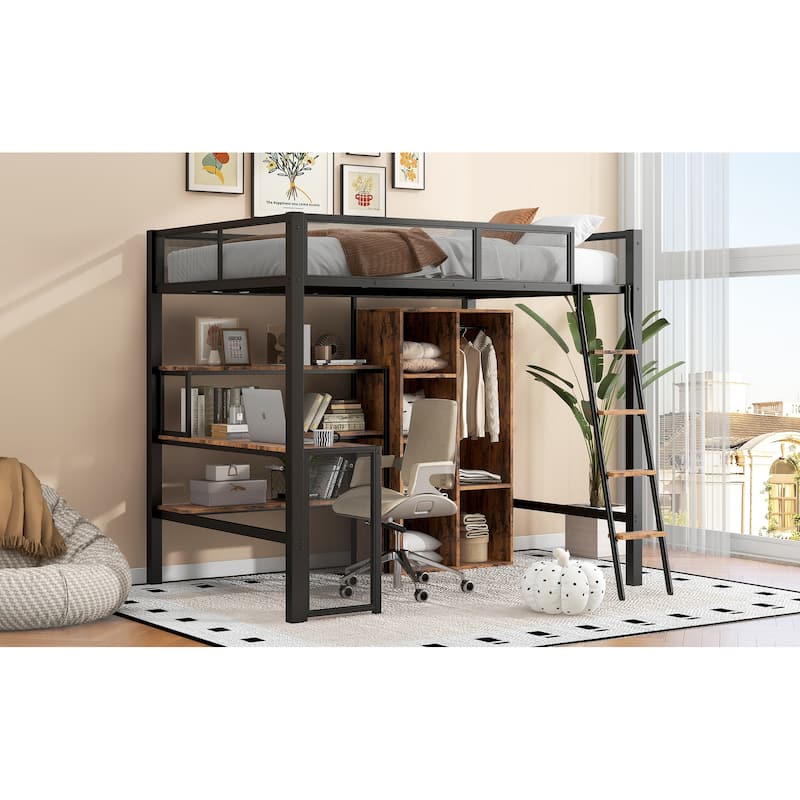 Full Size Metal Loft Bed with L-Shaped Built-in Desk, Storage Wardrobe and Shelves, Loft Bed Frame with Ladder, Guardrail