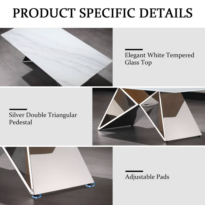 Luxurious 50 inch Rectangle White Glass Coffee Table with Mirrored M-Shaped Base
