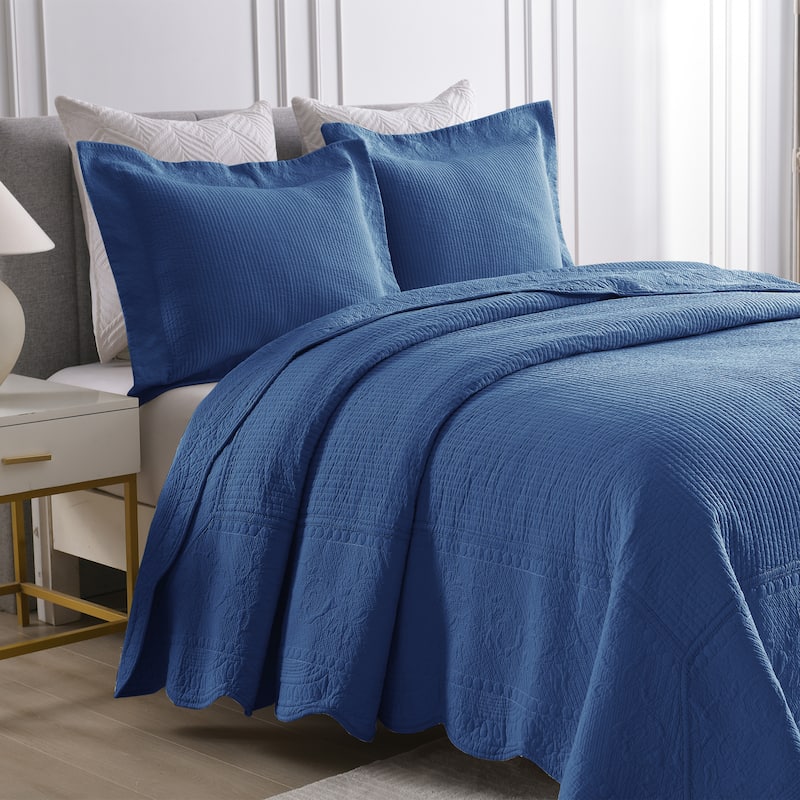 MarCielo 3 Piece Embroidered 100% Cotton Oversized Quilt Bedspread Set TG