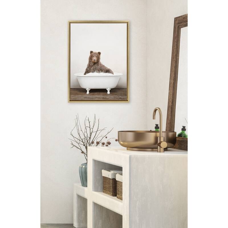 Kate and Laurel Bear Rustic Bubble Bath Framed Canvas by Amy Peterson