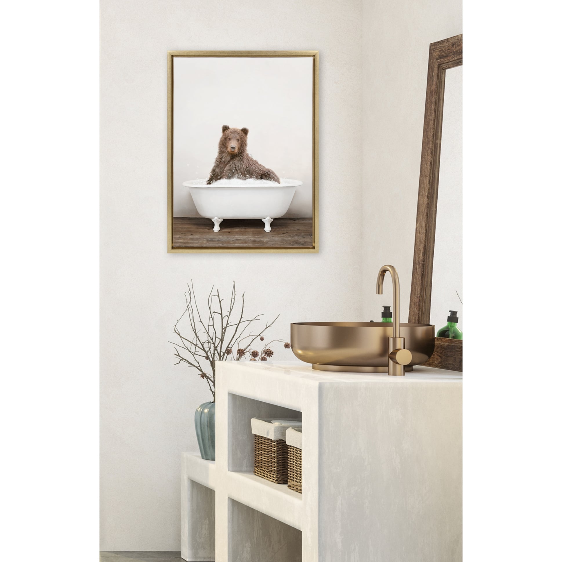 Kate and Laurel Bear Rustic Bubble Bath Framed Canvas by Amy Peterson