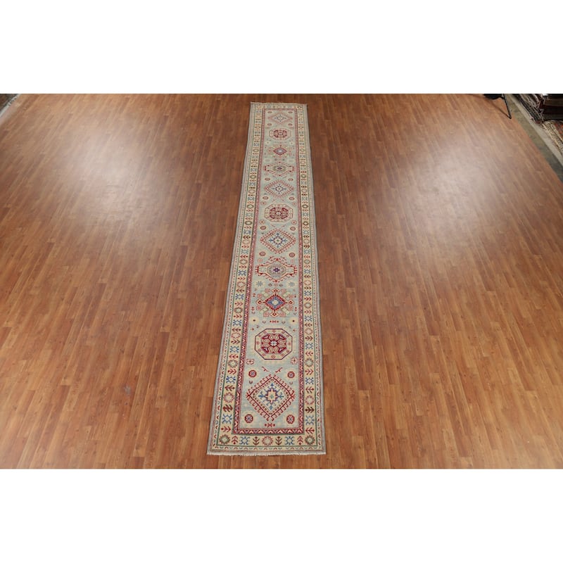 Light Blue Kazak Runner Rug Hand-Knotted Oriental Foyer Wool Carpet - 2'8" x 16'0"