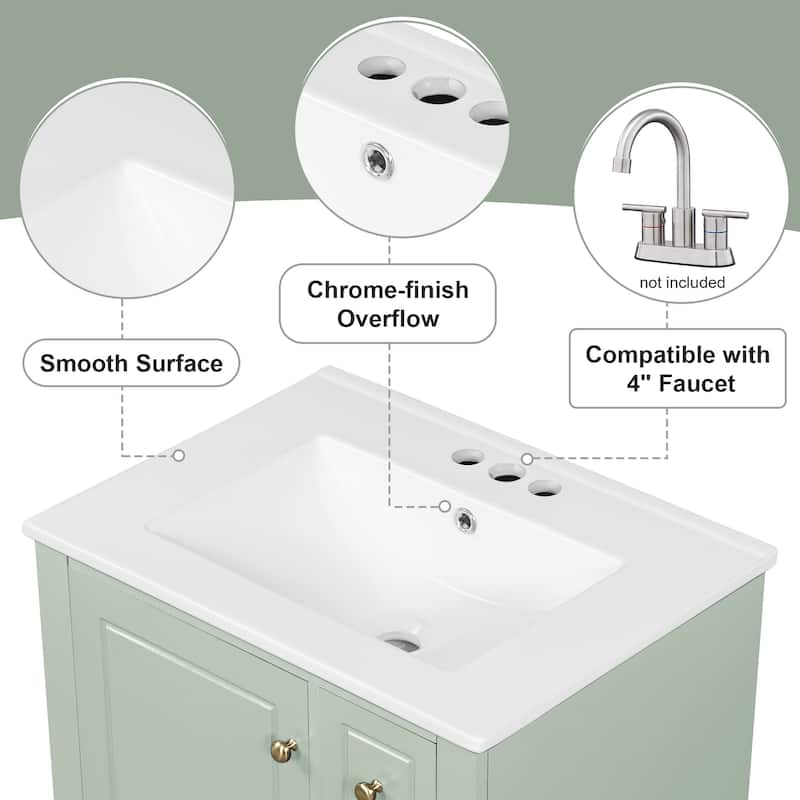 24" Green Bathroom Vanity with Ceramic Sink, Freestanding Cabinet with 3 Drawers and Side Storage Shelves