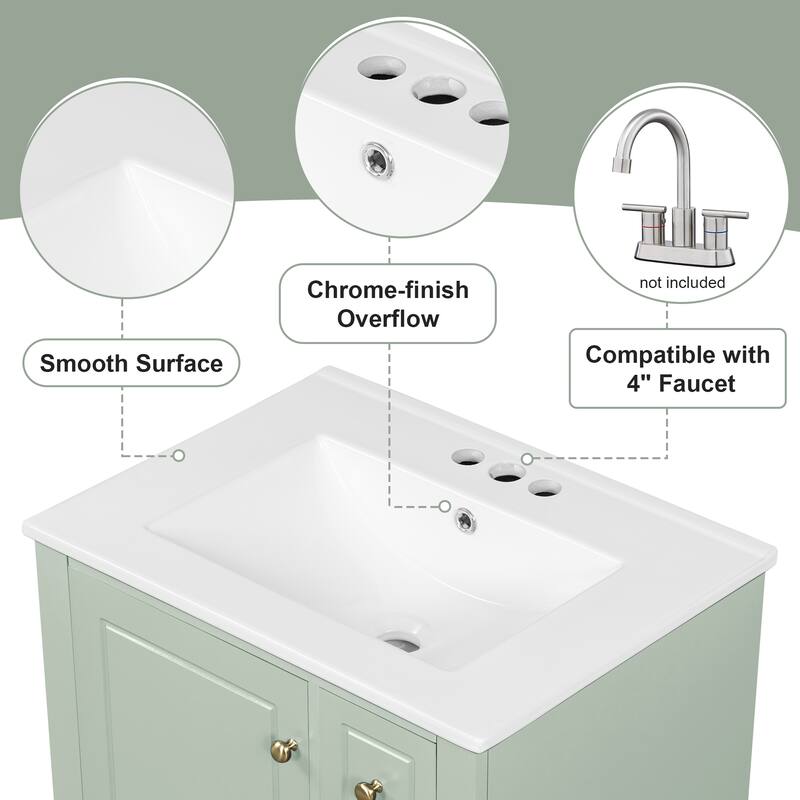 Roomfitters 24" Bathroom Vanity with Sink, Solid Wood Frame, 3 Drawers & Side Cabinet with Door Racks