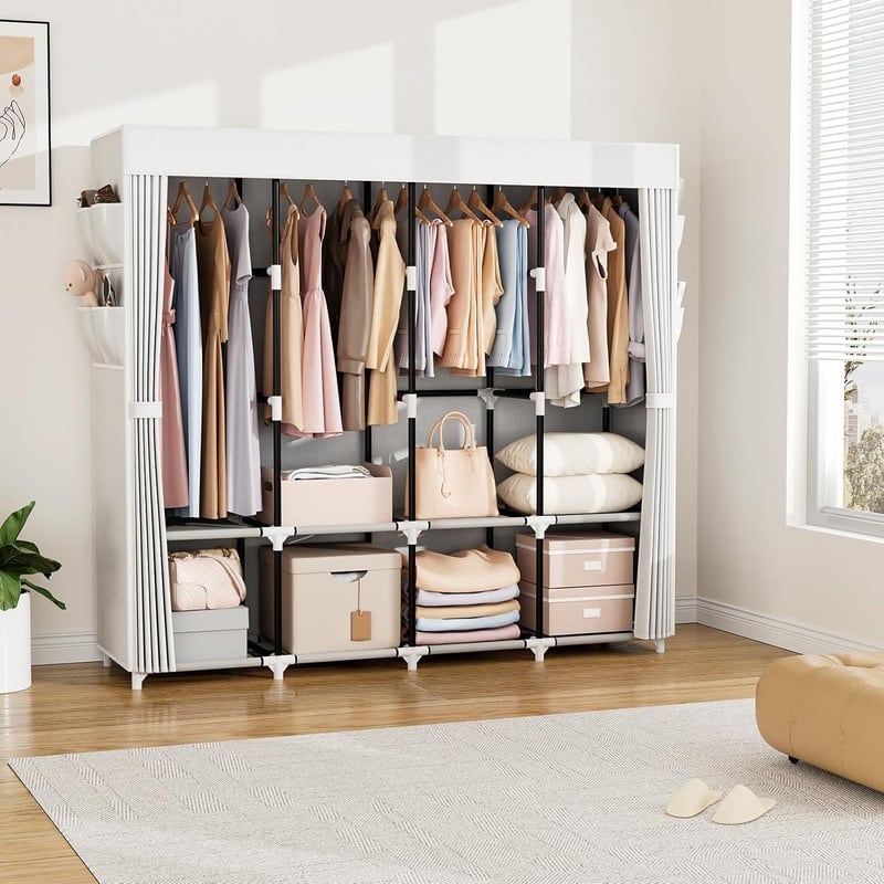 Portable Hanging Closet 67 Inches Wide, 4 Storage Shelves and 4 Hanging Rods for Bedroom Closets