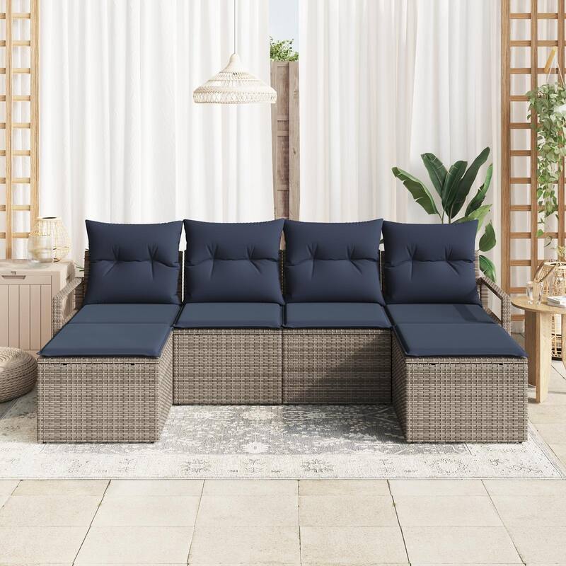 vidaXL 6 Piece Garden Sofa Set with Cushions Brown/Grey/Black Poly Rattan - 90.6×24.4×27.2