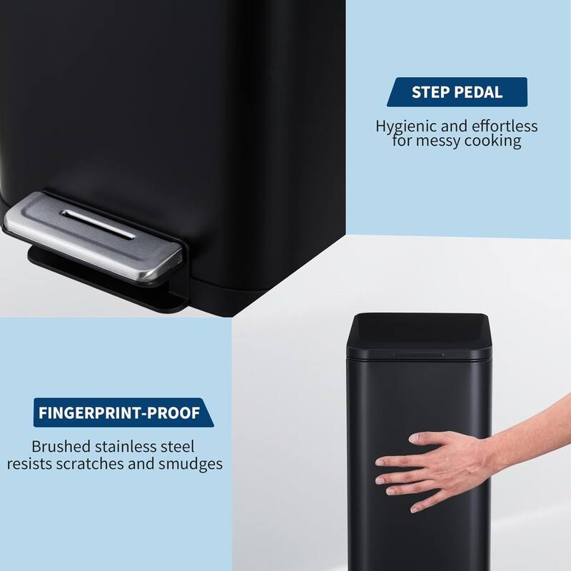 13 Gallon Kitchen Trash Can, Stainless Steel with Soft-Close Lid & Removable Bucket