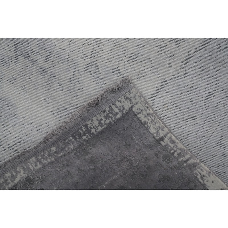 Machine Made Oriental Polyester Carpet Traditional Floral Greys & Charcoal Tabriz Area Rug - 7' 5'' X 5' 2''