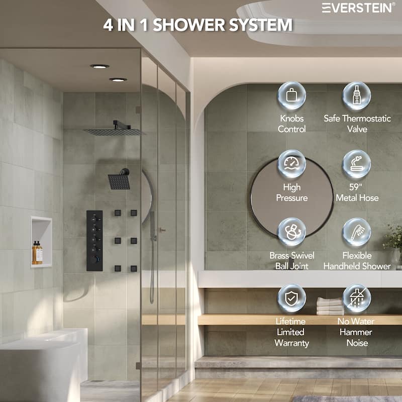 Dual Heads 16" Rainfall & High Pressure 6" Thermostatic Shower System with Body Jets