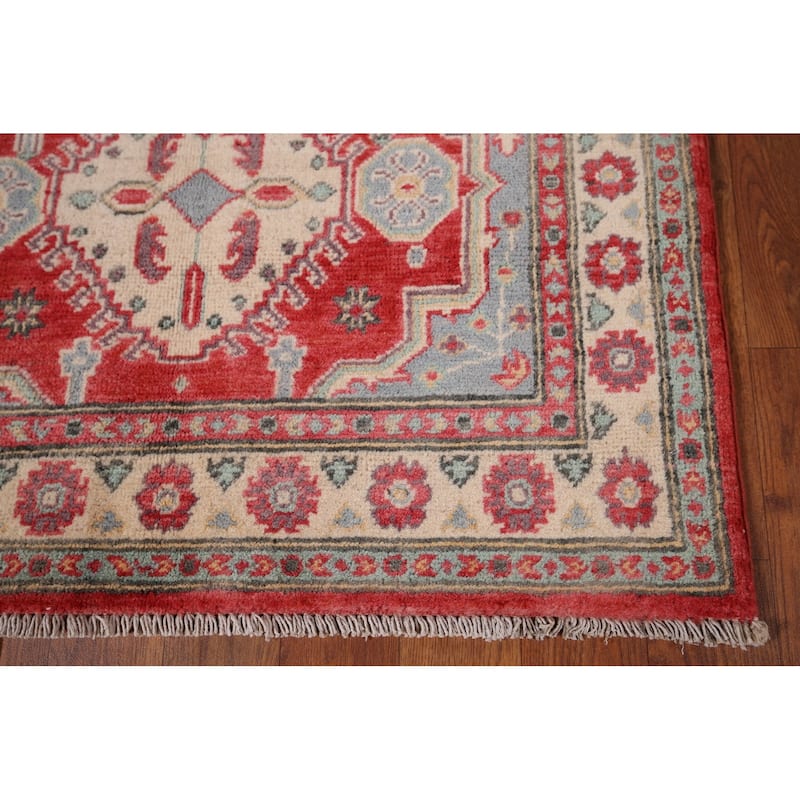 Geometric Red Kazak Accent Rug Hand-Knotted Foyer Wool Carpet - 2'10" x 4'3"