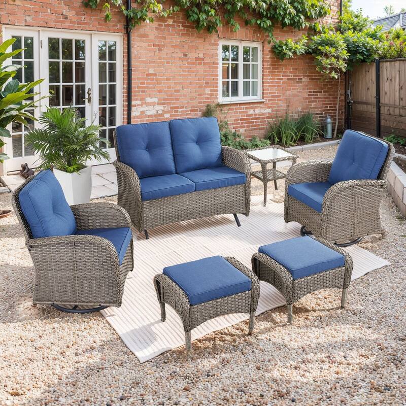 Outdoor Glider Sofa with Swivel Chairs Ottoamns Grey-Blue - Grey - Grey - Blue