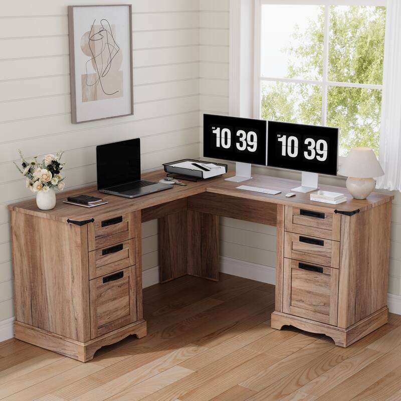 L Shaped Desk, Wood Office Desk with Charging Station, File Drawer