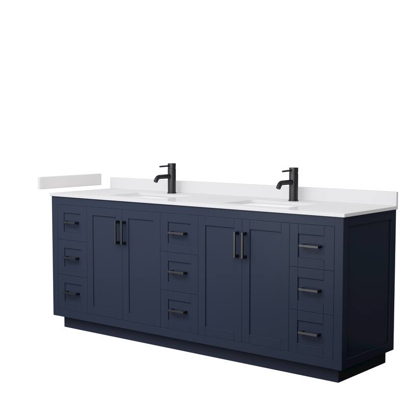 Miranda Double Vanity Set, Cultured Marble Top, No Mirror - 84-Inch Double - Dark Blue, Black Trim, White Cultured Marble Top