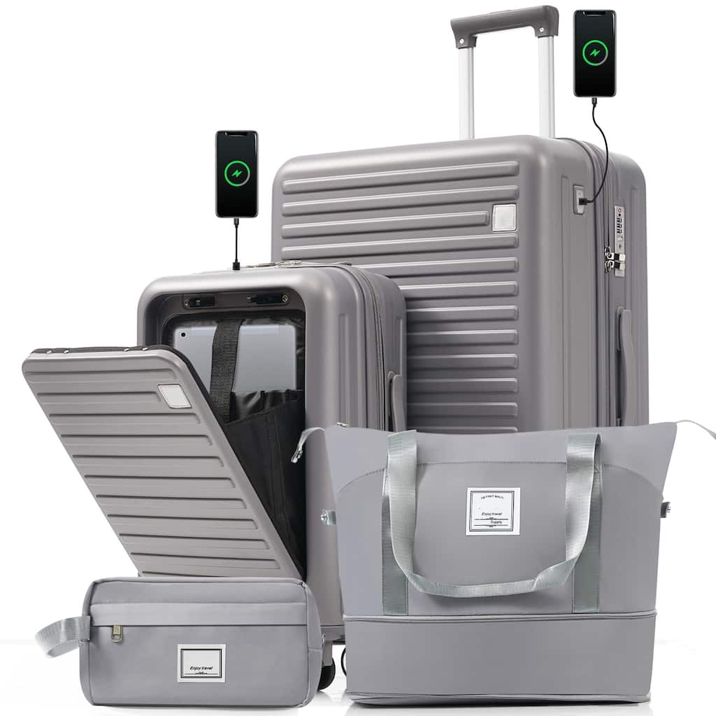 Luggage Sets 4 Piece with USB Charging Ports, Front-Opening Hardside Carry On Suitcase Set with TSA Lock Travel Duffel Bag