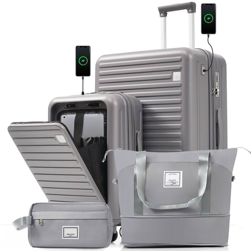 Luggage Sets 4 Piece with USB Charging Ports, Front-Opening Hardside Carry On Suitcase Set with TSA Lock Travel Duffel Bag - Grey