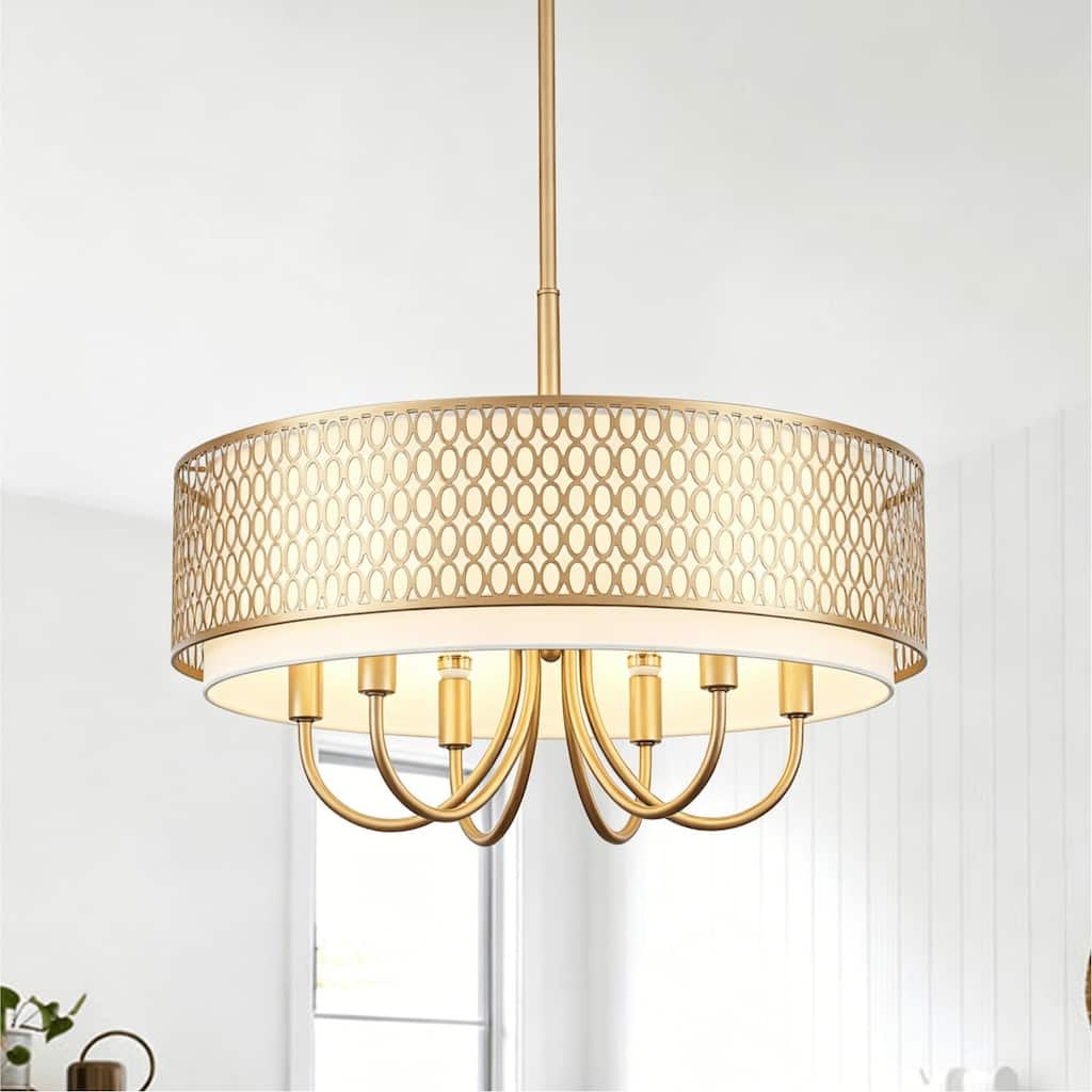 Matte Black 6-Light Metal Geometric Pendant Light Drum Chandelier with White Fabric Shade