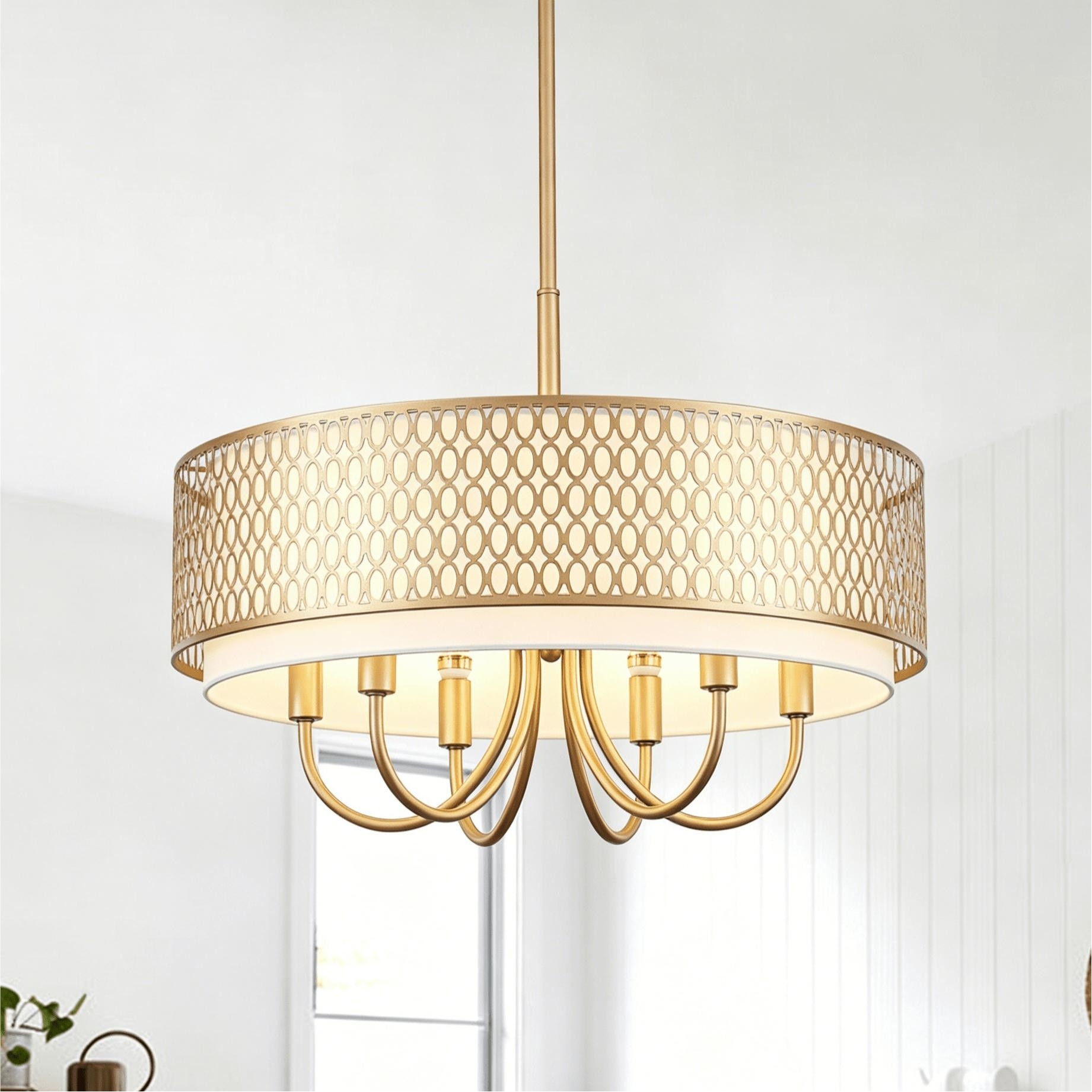 Zjvaive Matte Black 6-Light Metal Drum Chandelier with White Fabric Shade