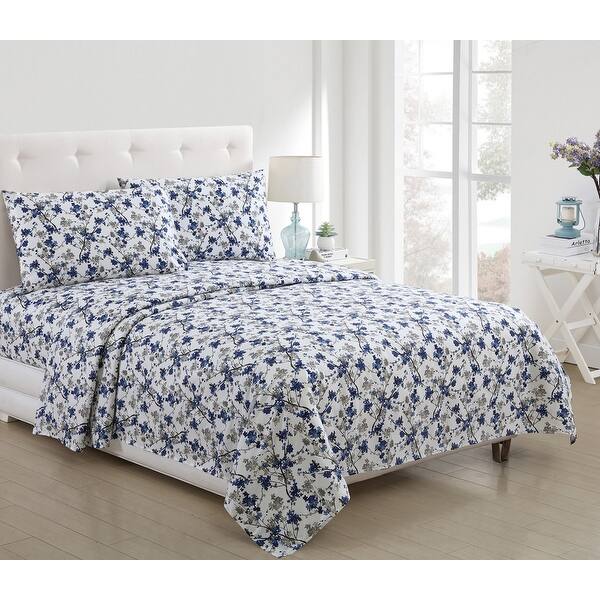 slide 1 of 1, Jasmine Floral Printed 3-Piece and 4-Piece Sheet Set, Blue