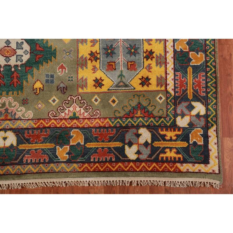 Green Geometric Kazak Oriental Area Rug Hand-Knotted Wool Carpet - 8'0" x 10'2"
