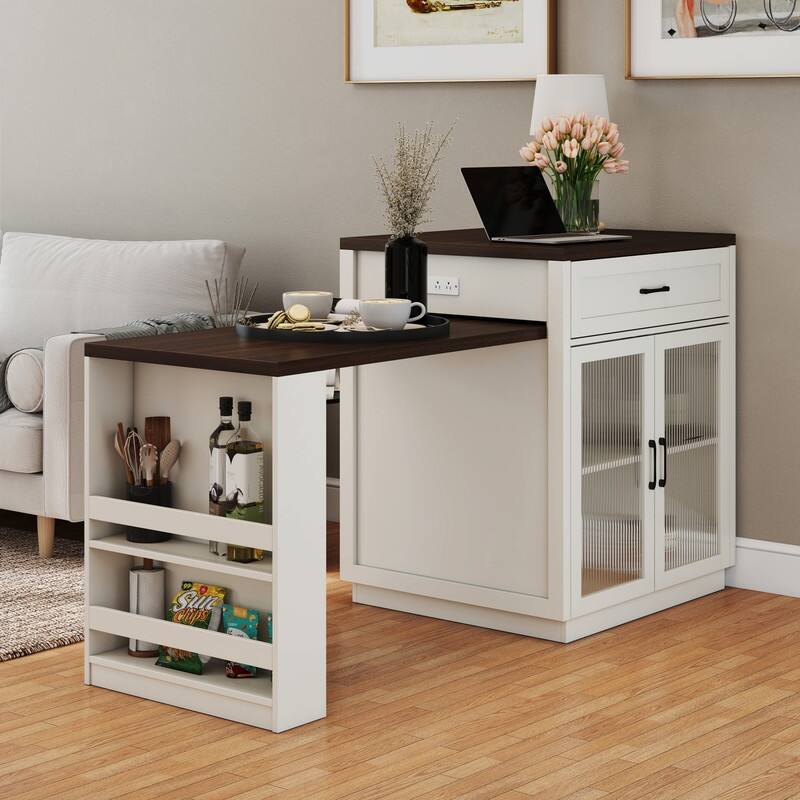 Extendable Kitchen Island with Slide Out Table and Double-Sided Storage for Home and Dining Use