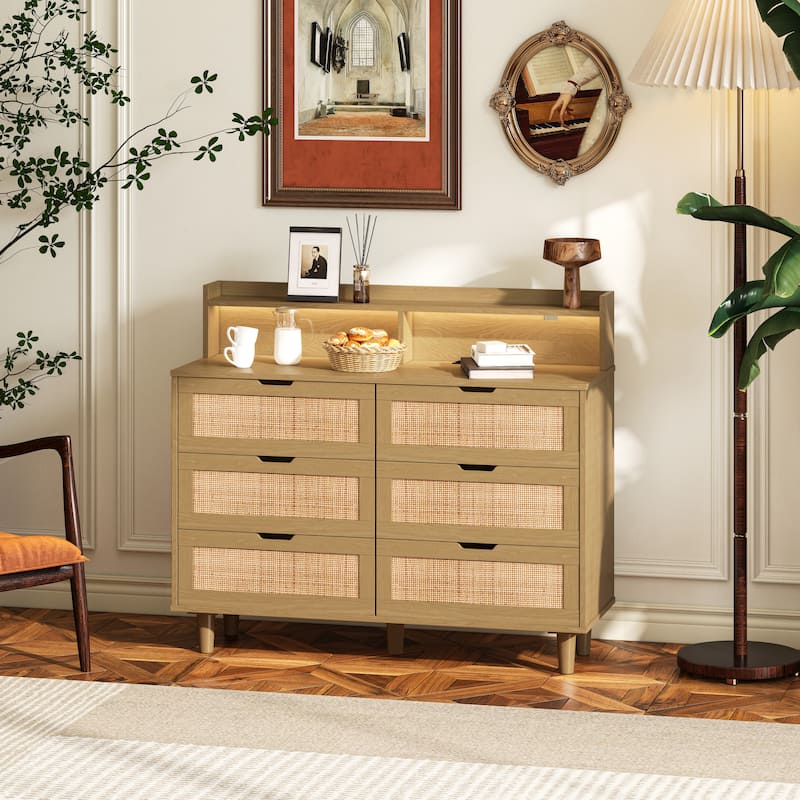 6-Drawers Rattan Storage Cabinet with LED Lights and Power Outlet