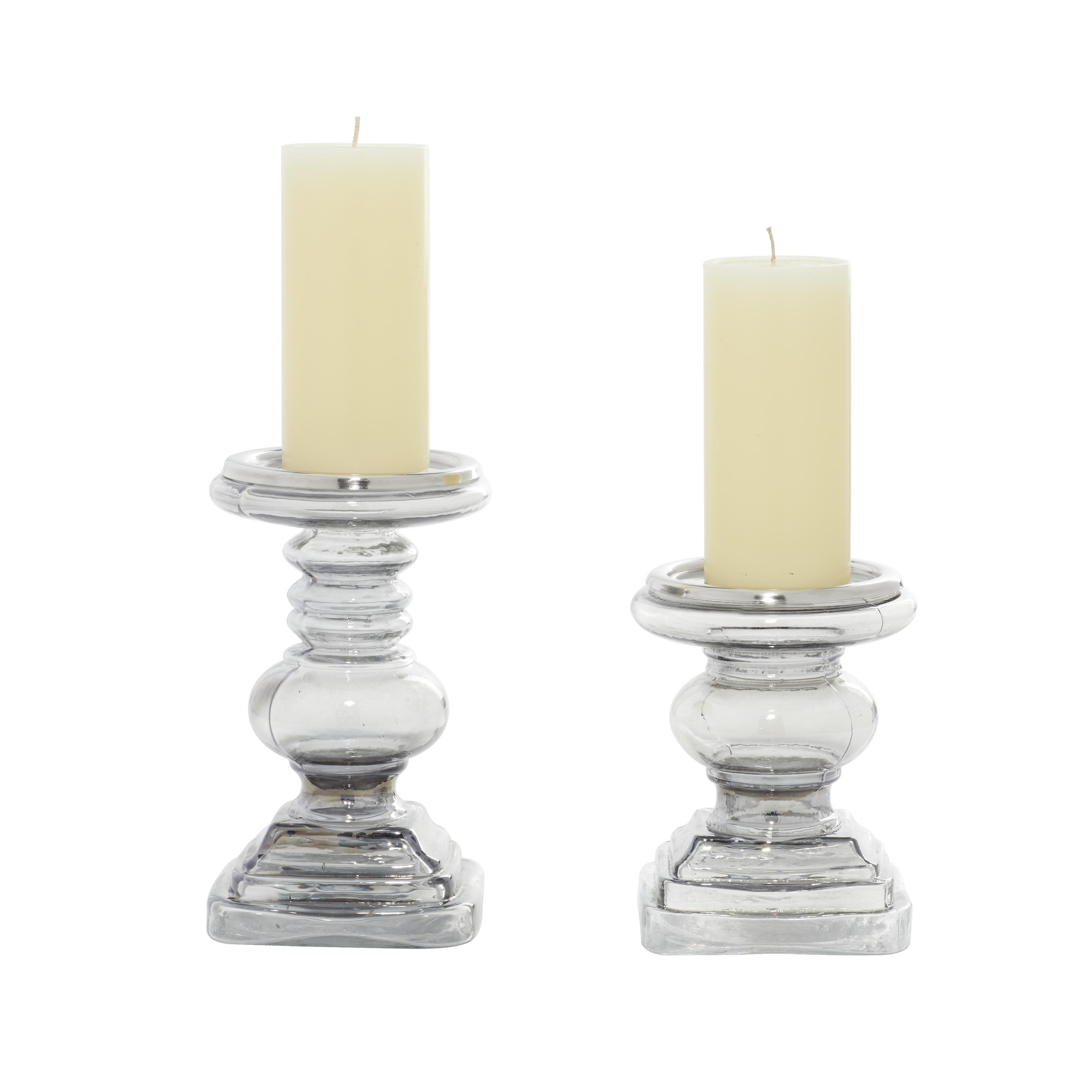 Roche River Decor - Glass Handmade Turned Style Pillar Candle Holder - Set of 2 Silver