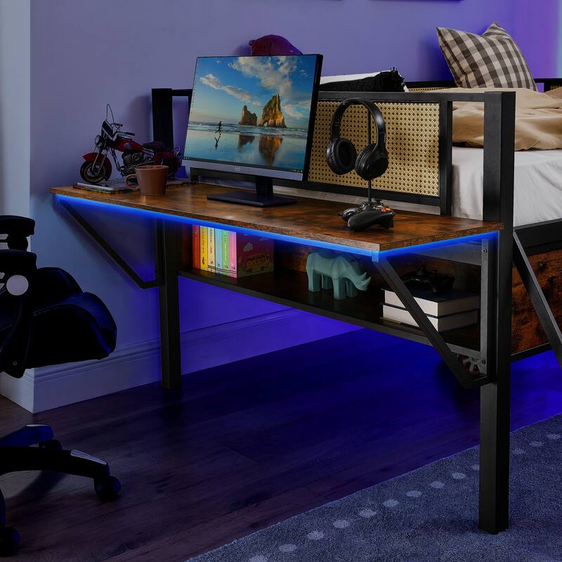 Metal Loft Bed with Desk, LED Lights & Storage