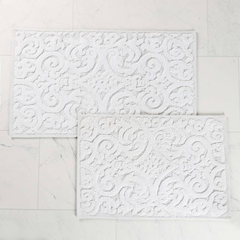 Superior Venere Floral Scroll Washable Bath Rug, Set of 2 - Large - White