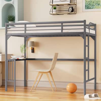 Silver Twin Size Metal loft Bed with Desk, Ladder and Guardrails, Bookdesk under Bed for Bedroom