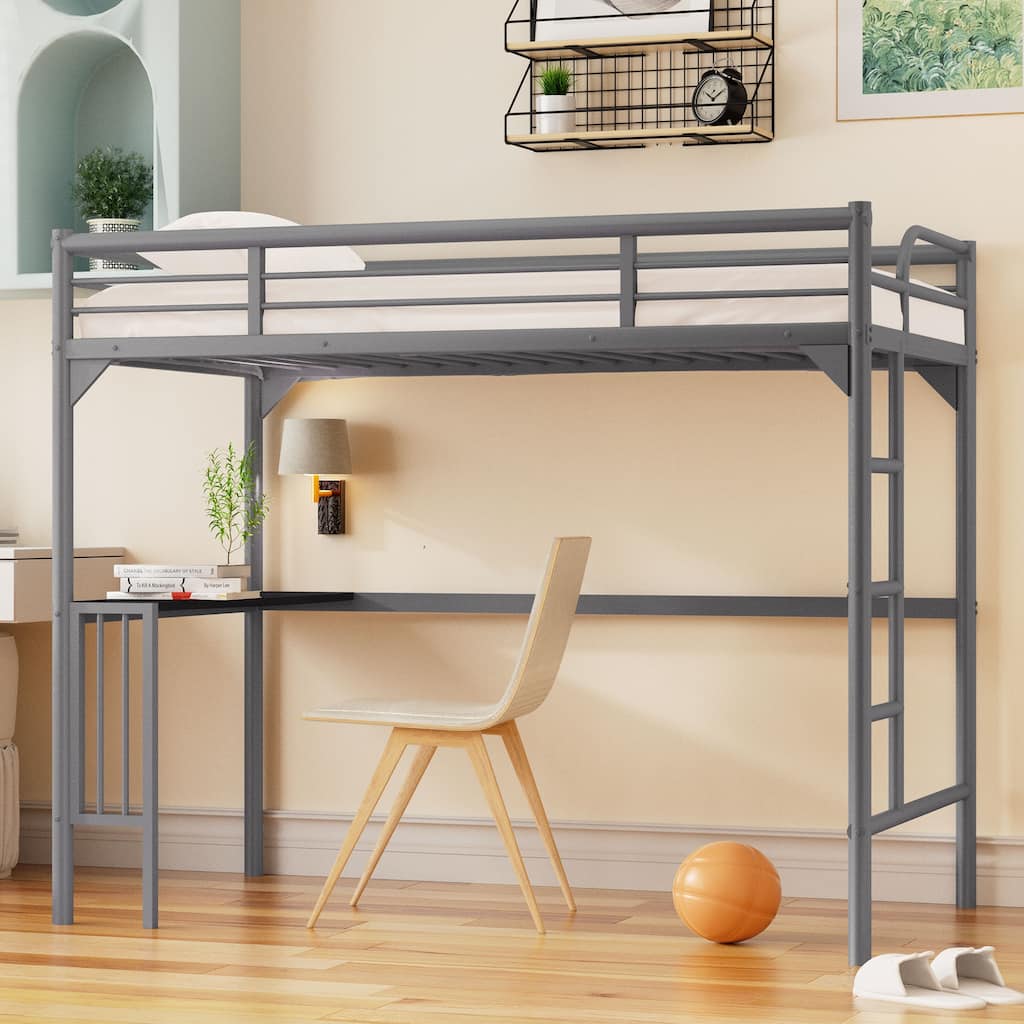 Twin Metal Loft Bed with Desk, Ladder, and Guardrails, Silver