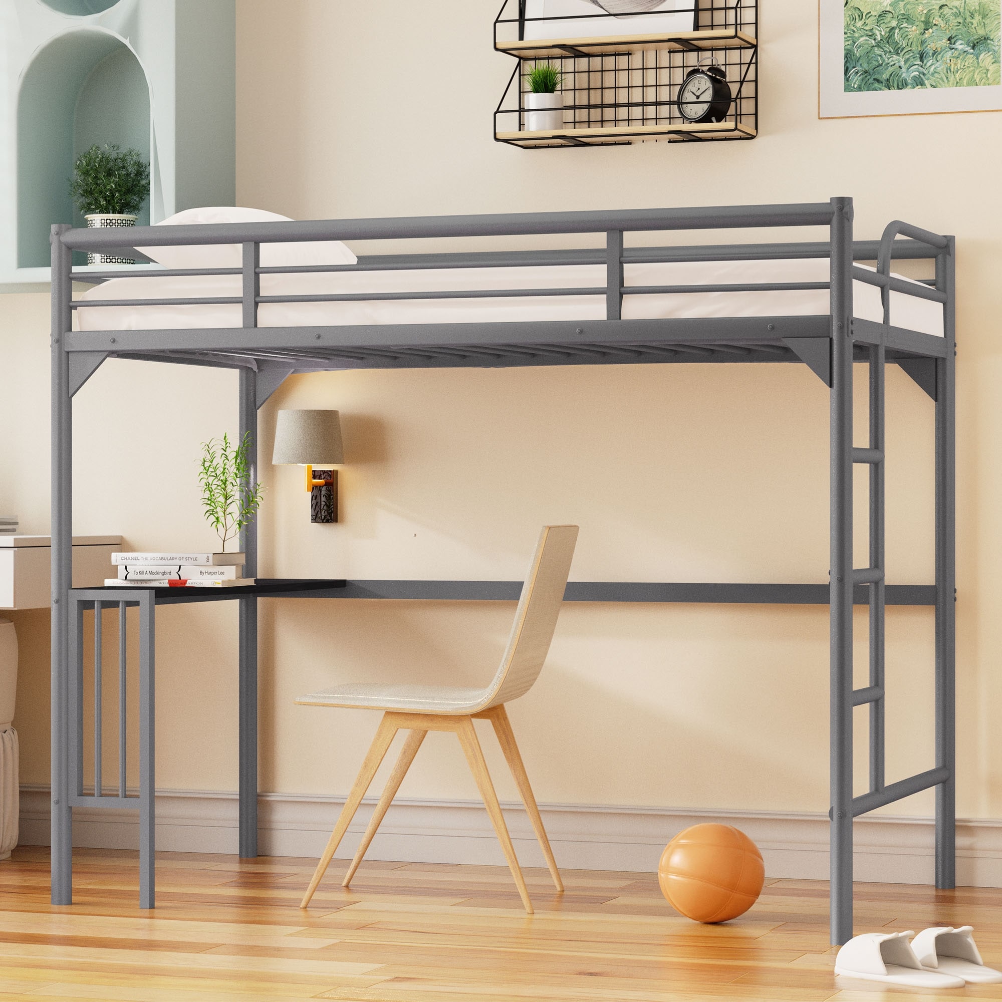 Twin Size Loft Bed, Made of Metal, with Book Desk Under Bed, Silver