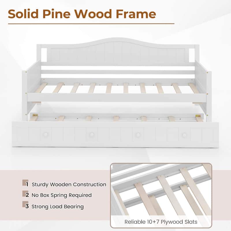 Costway Twin Size Daybed with Trundle Solid Wood Sofa Bed with Slats