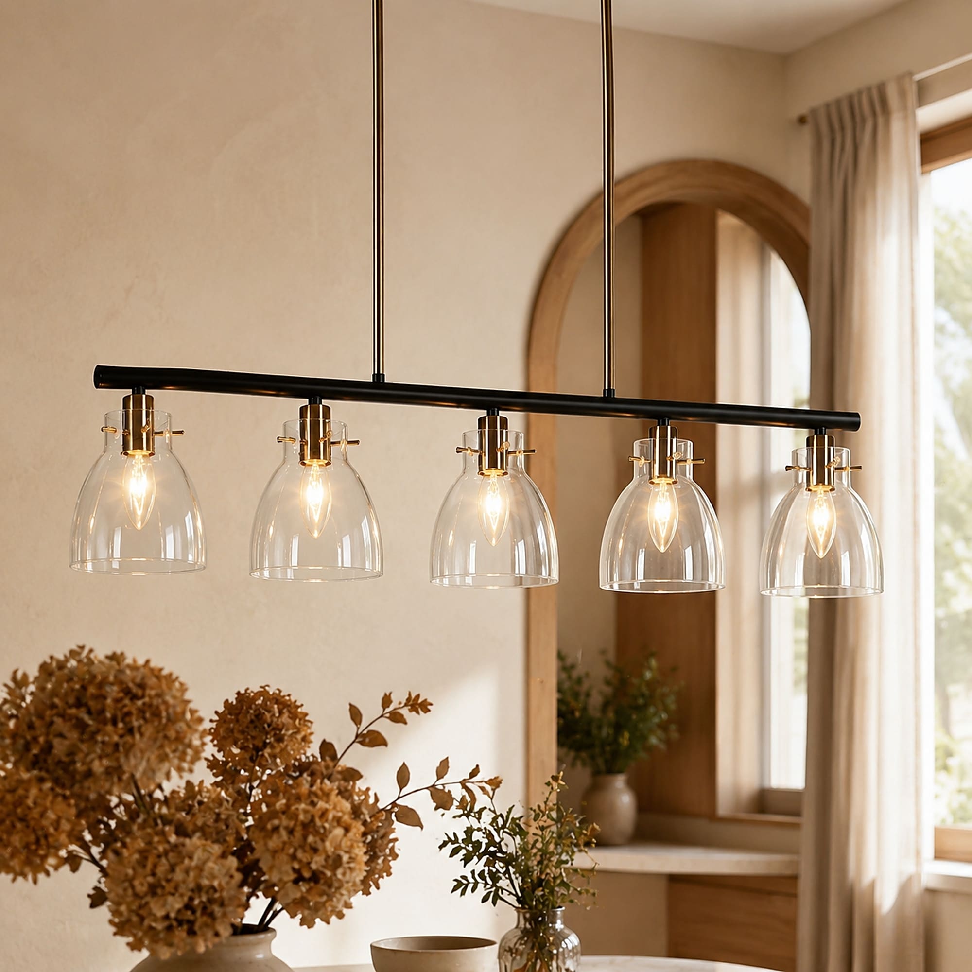 Modern Farmhouse 5-Light Black Gold Chandelier Linear Island Pendant Light for Dining Room - 38"L x 5"W x 7.5"H