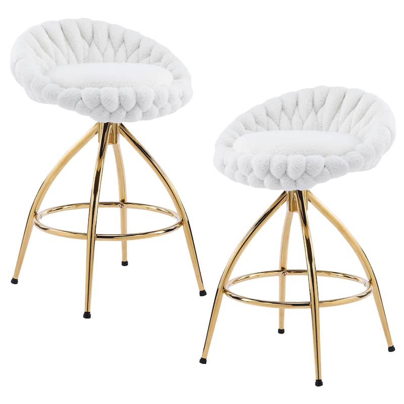 Set of 2 White Teddy Velvet Swivel Bar Stools with Cushioned Seat for Kitchen or Dining Room - 20.28" x 20.28" x 35.83"