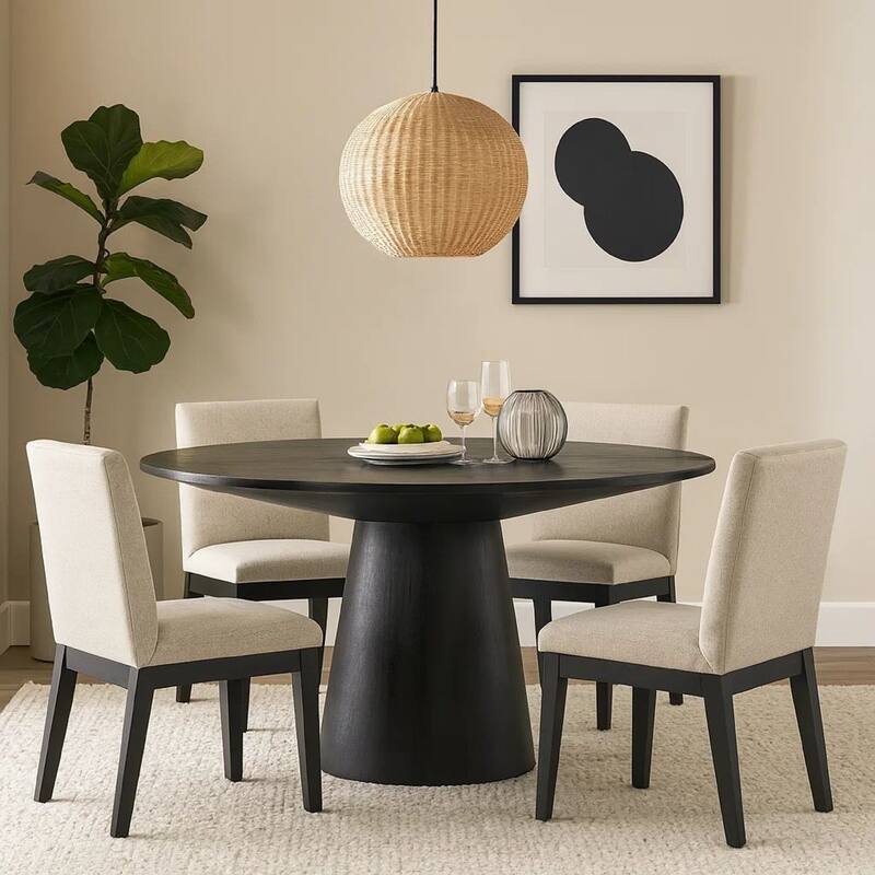 Kiy 5pc Black Dining Table Set with 4 Ergonomic Chairs, Beige Upholstery