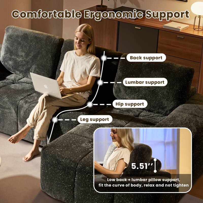 HOOOWOOO Modern Sparkly Velvet Fabric Chaise Sofa Couch with Ottoman