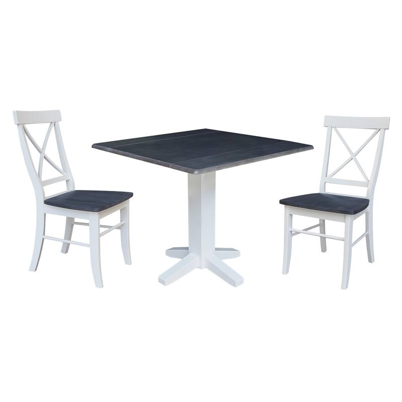 36" Solid Wood Square Dual Drop Leaf Dining Table with 2 Dining Chairs - White/Heather Gray